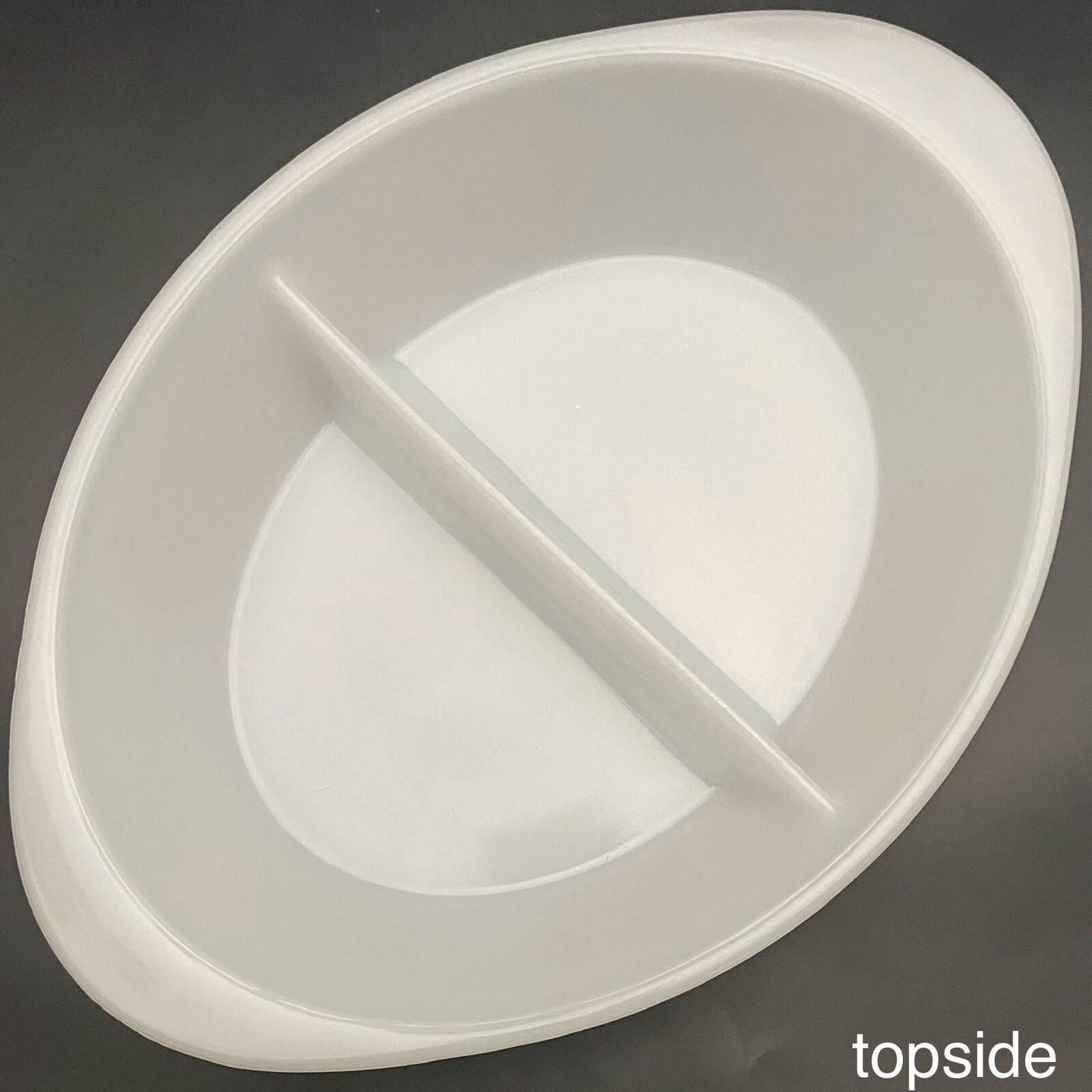 Glasbake Love Birds J-2352 Peach Oval Divided Casserole Dish Made in USA