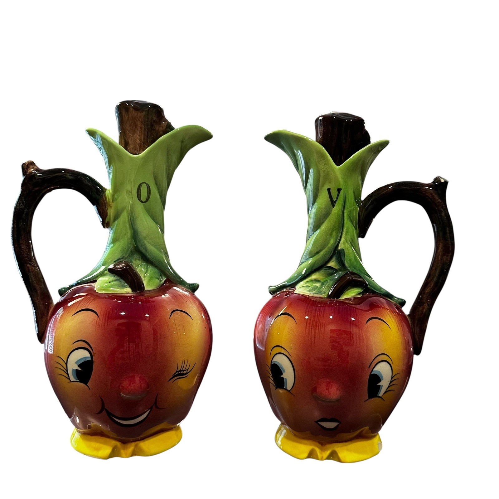 Vintage Anthropomorphic Apple Oil and Vinegar Ceramic Cruet Set PY Japan READ