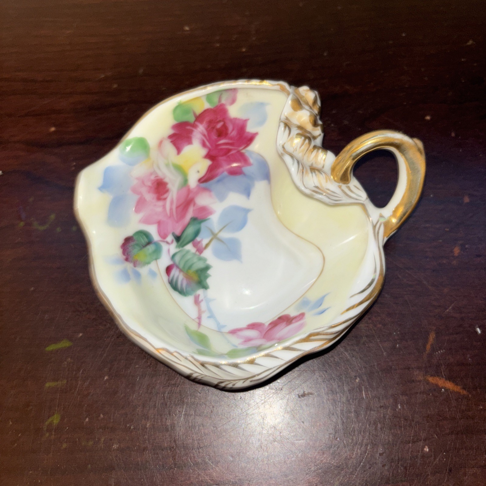 Vintage Hand Painted Floral Nut Bowl Gold Trim W/Handle Made In Occupied Japan