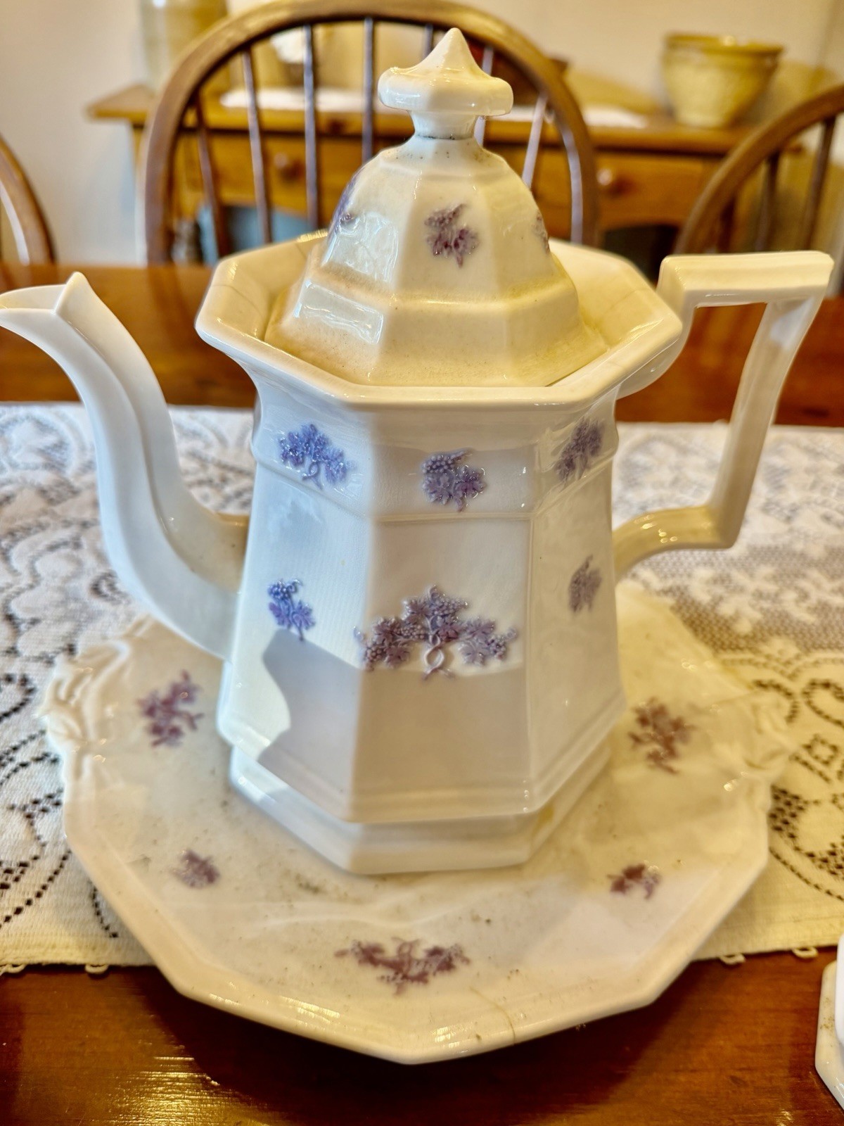 Chelsea Blue Grape Embossed COFFEE POT, Sugar, Creamer, Plate ~ ca. 1830s