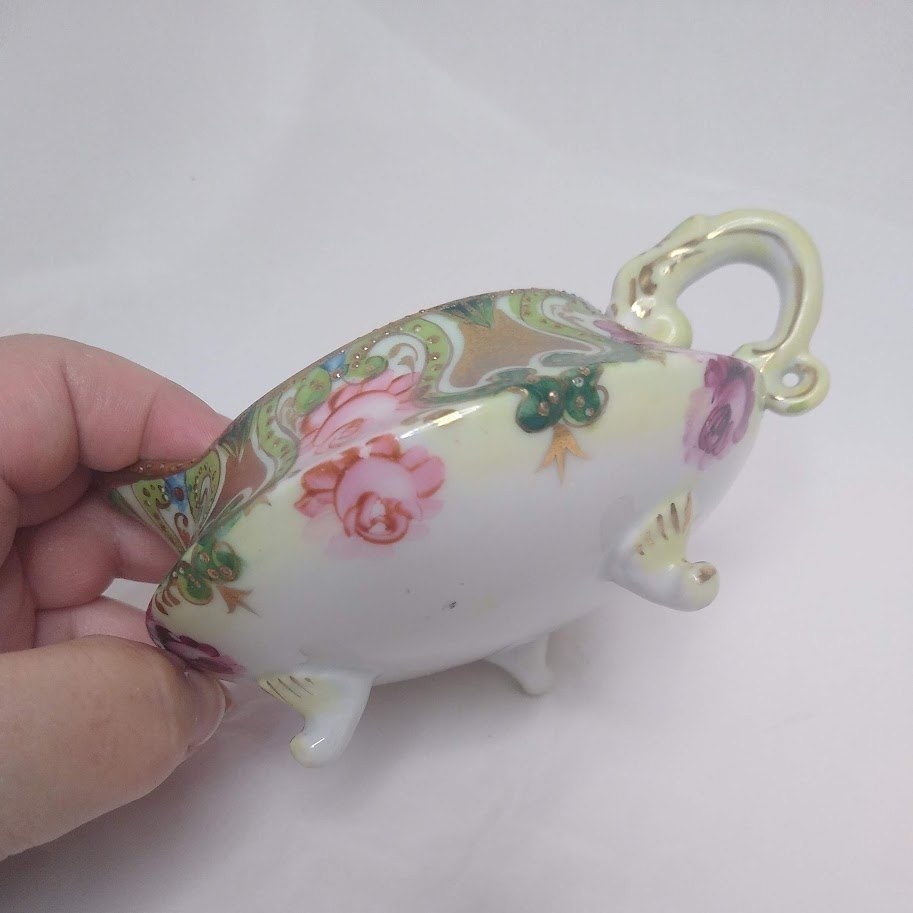 Antique Nippon Hand Painted Three Footed Creamer Moriage Pink Rose Gold Pitcher