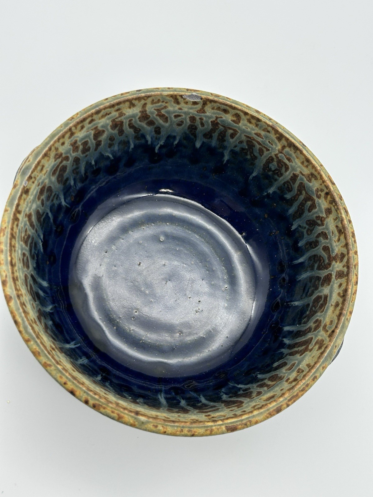 Art Pottery Stoneware Bowl Drip Glaze Blue Grey Tan, Vintage, 8.25” x 2.5”