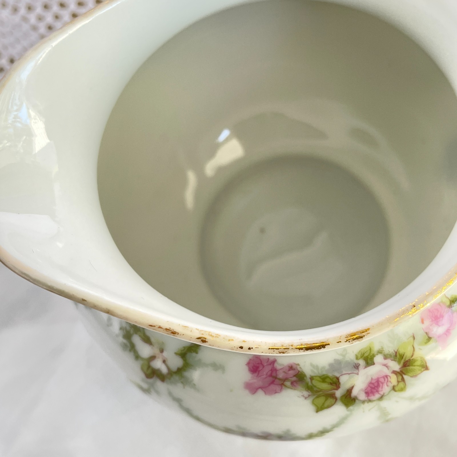 Antique D & C France White Porcelain Rose Garland Gold Handle Creamer