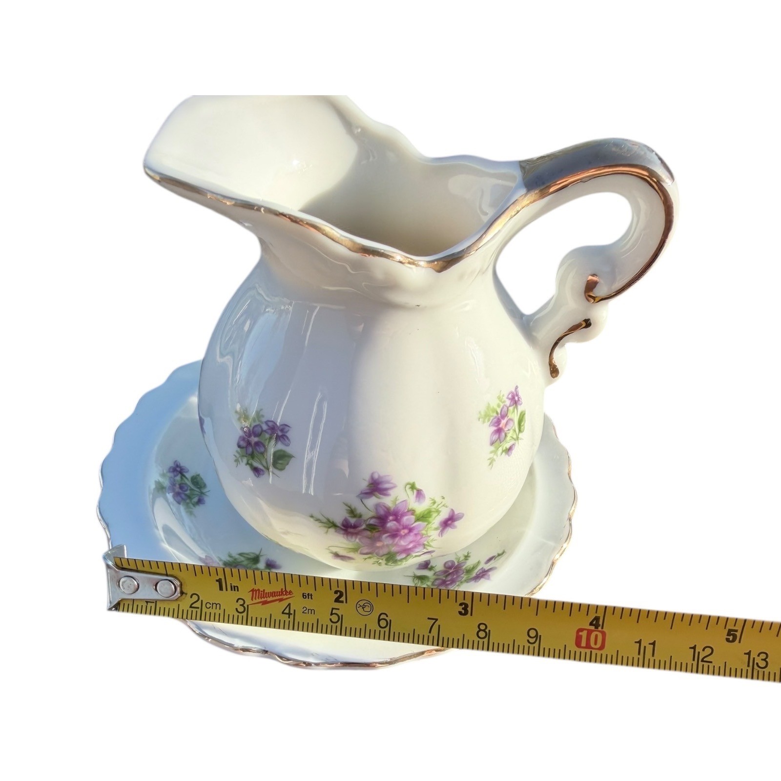 Vintage Lefton China Creamer and Saucer Set 01967 White Purple Violets Gold Trim