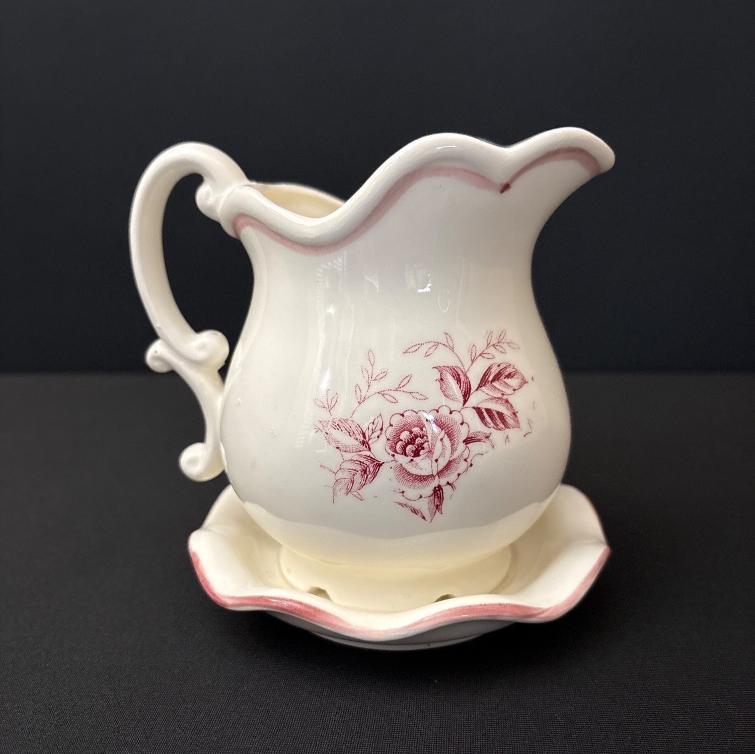 White Japanese Ceramic Pitcher Pink Floral Design Matching Saucer Plate Creamer