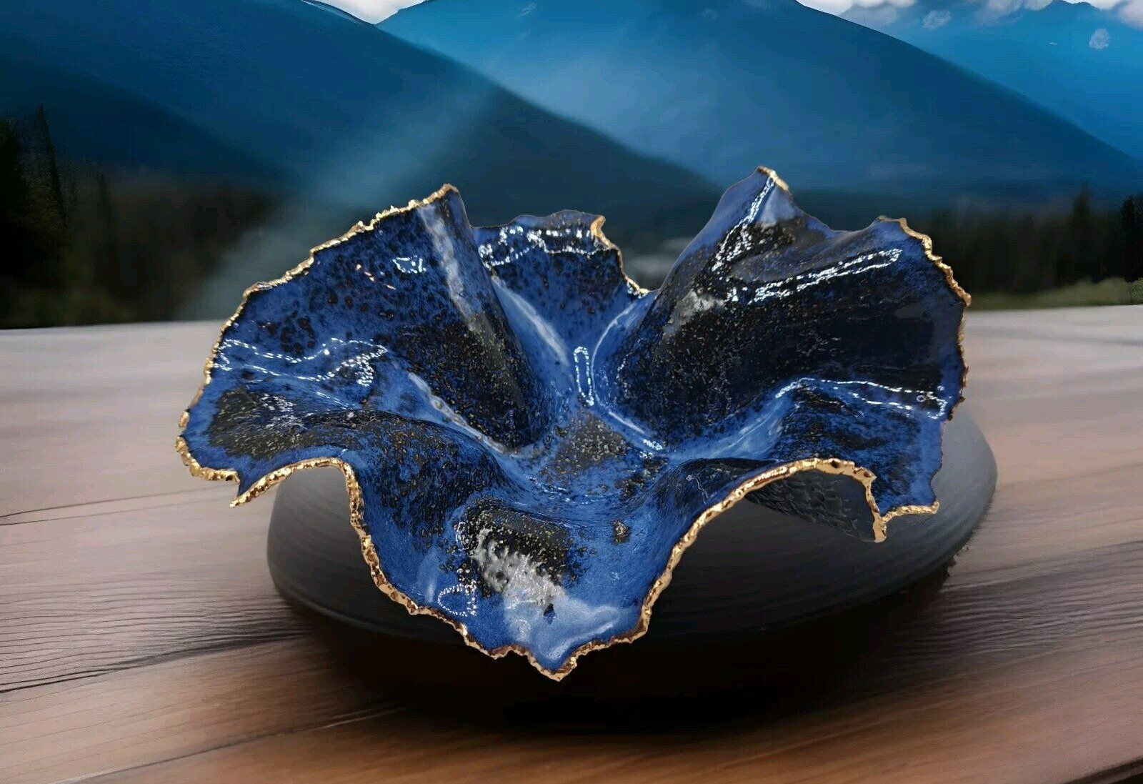 Freeform handkerchief Pottery Bowl Blue Unsigned Cobalt/Gold Trim OrganicTexture