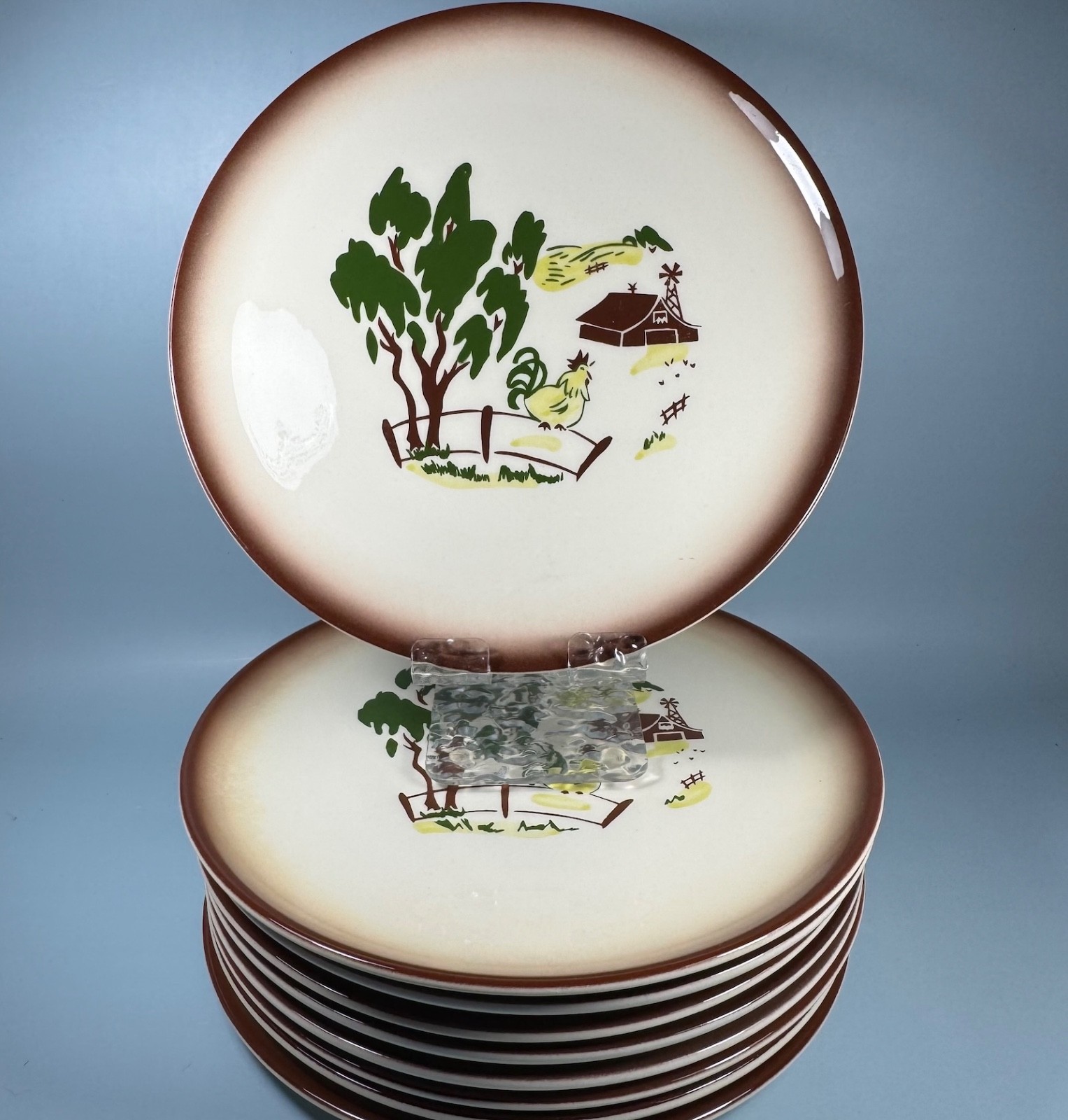 Vintage Brock California Stoneware Harvest Dinner Plates 9 in. ~ Rooster Design!