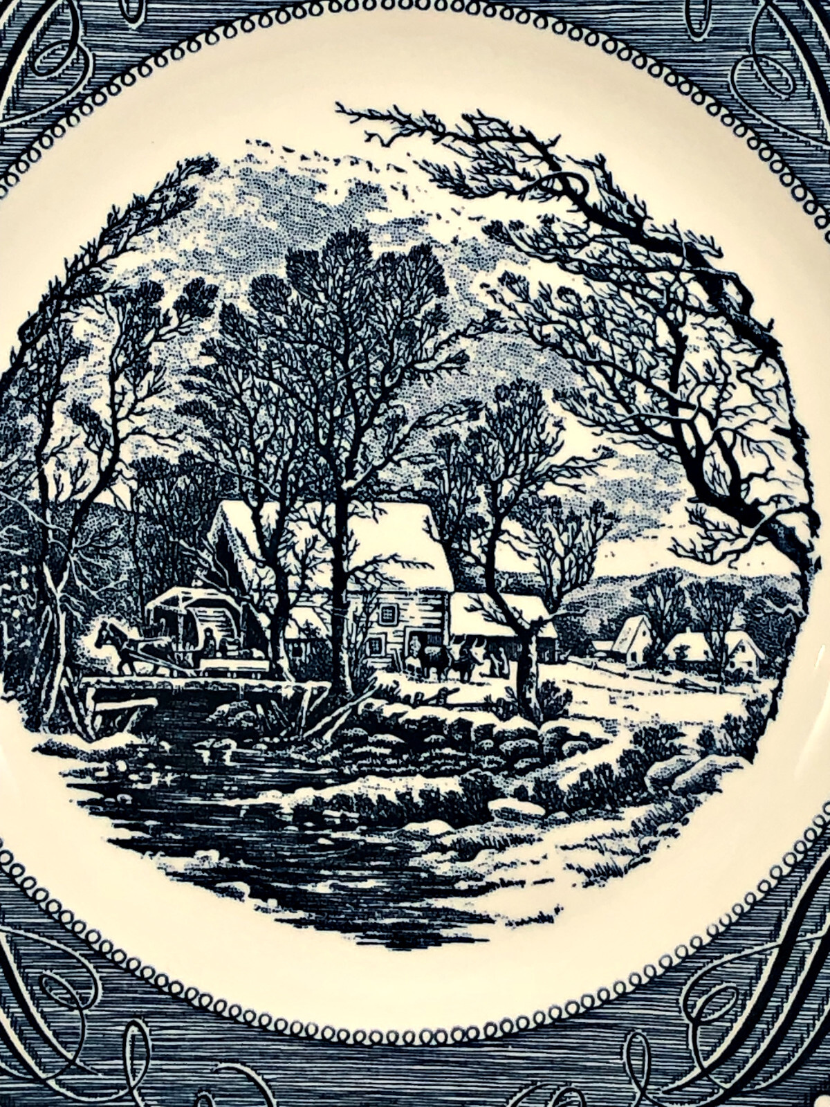 Royal China Blue Currier and Ives THE OLD GRIST MILL 10″ Dinner Plates Multiples