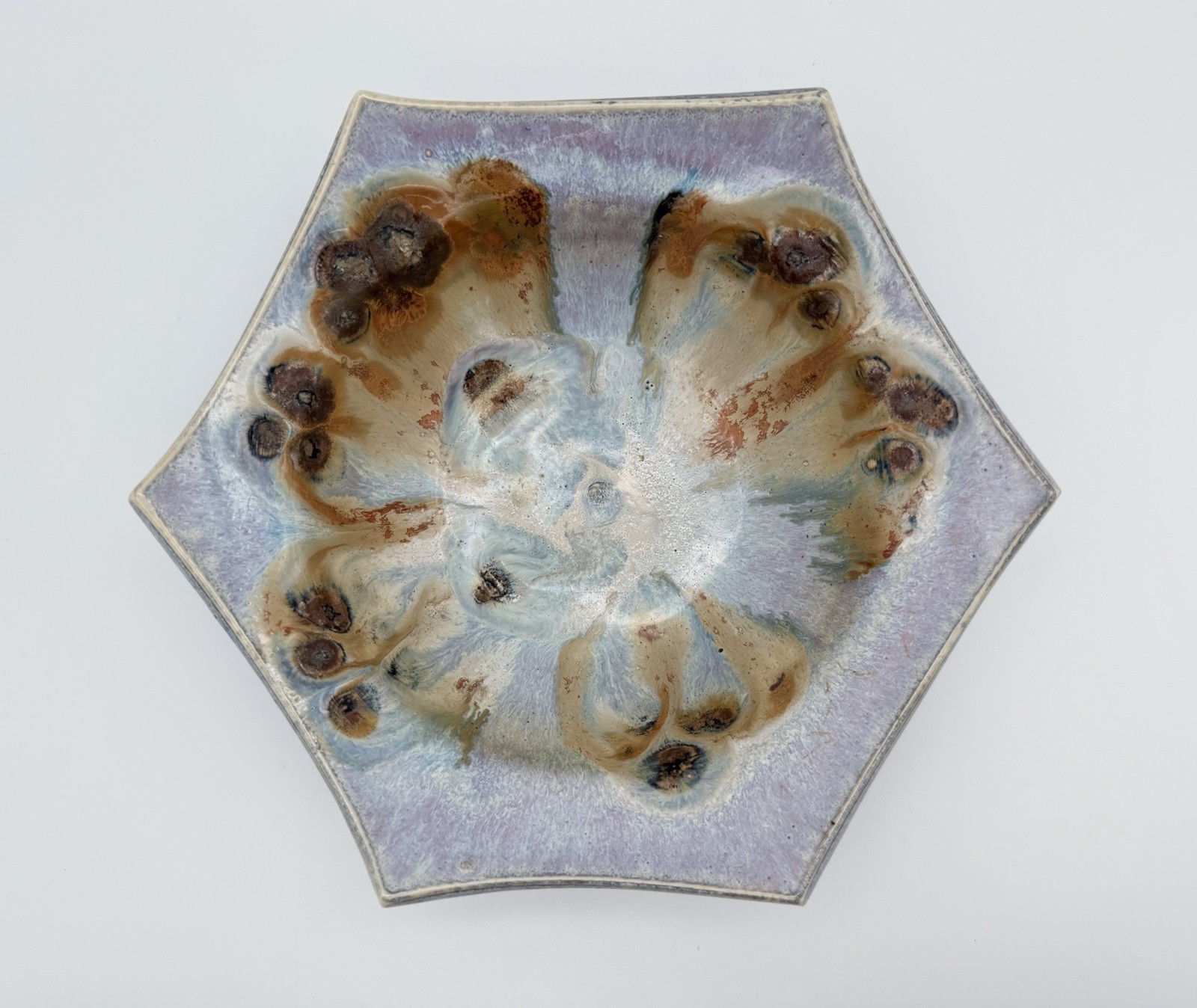 Phil Mayhew Studio Art Pottery Drip Glaze 8″ Bowl Hexagon Shape Artist Signed