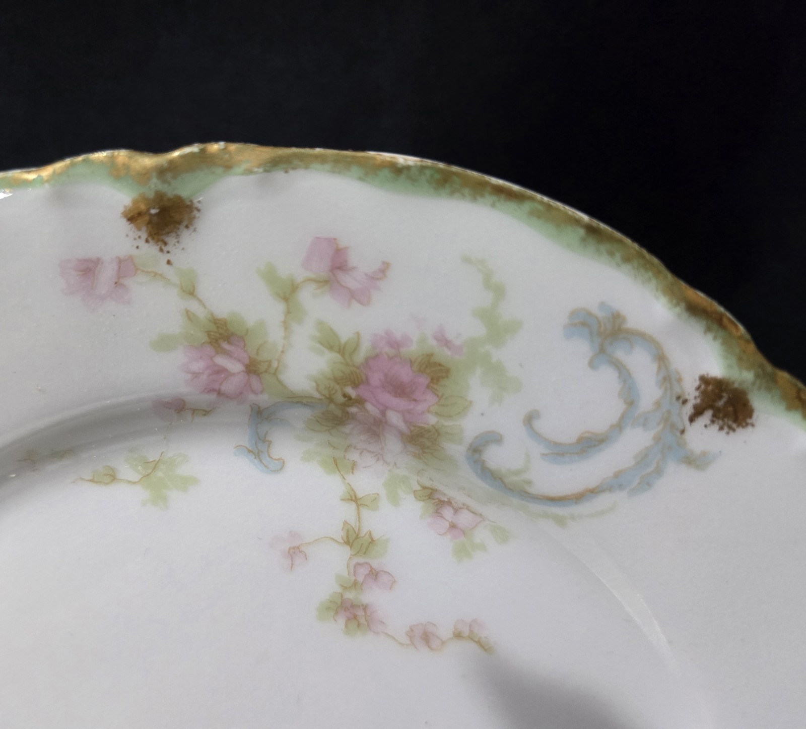 MINT ANTIQUE Haviland Schleiger 57H Limoges Roses Blue Ribbons 3Snack 2 Bowls