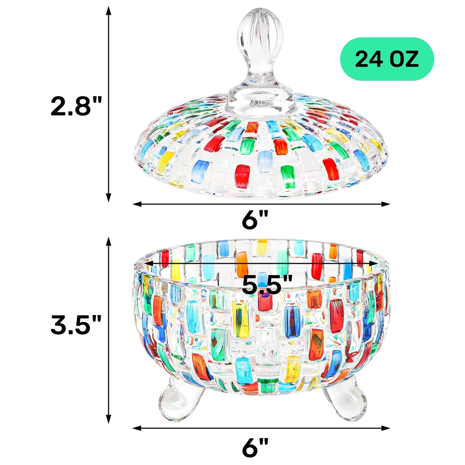 24 OZ Large Glass Candy Dish with Lid, Vintage Colorful Crystal Candy Bowl, D…