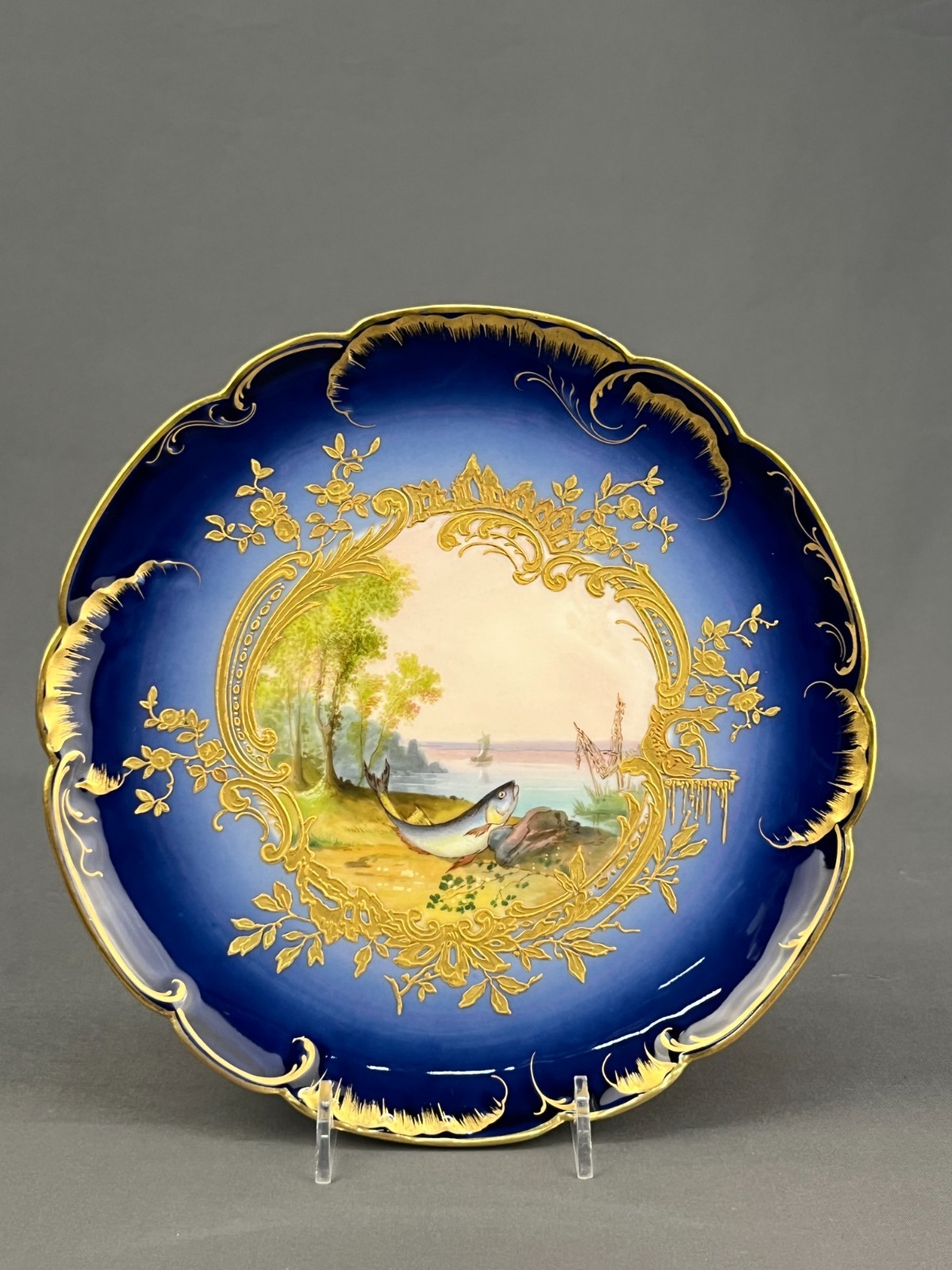 5 Haviland & Co. Hand-Painted 8 ½” Bleu de Four Gilt Fish Plates c. 1876-1899