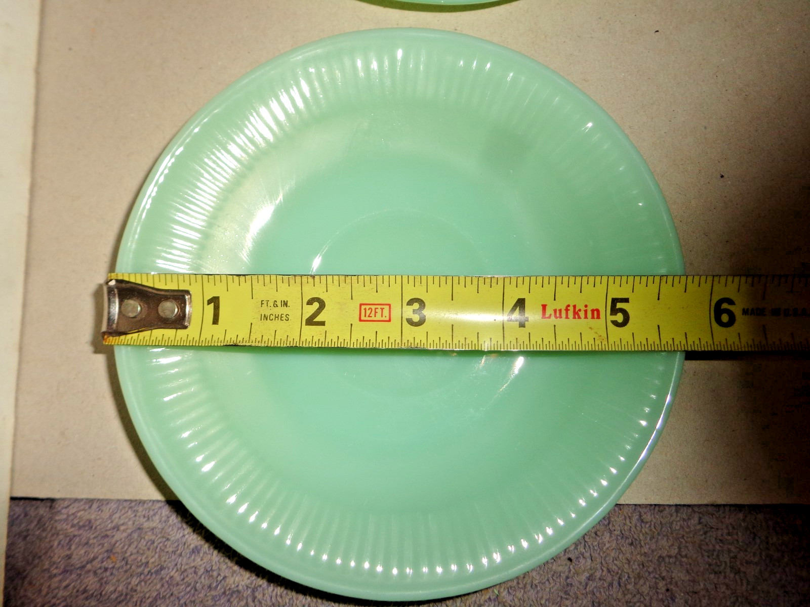 Set Of 4 Vintage Oven Fire King Ware Jane Ray Jadeite Saucers 5.75″ Ribbed Rim