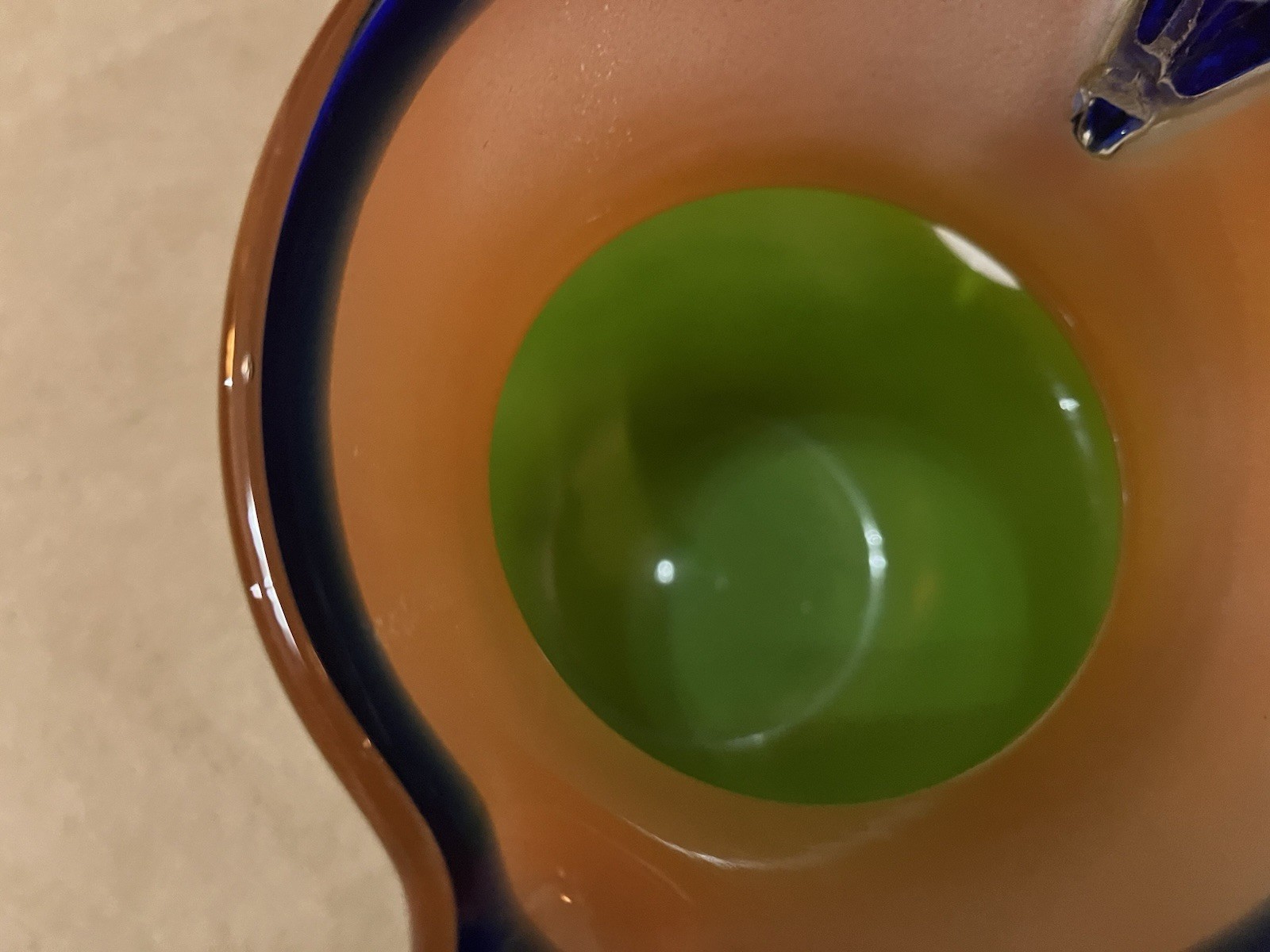 Hand Blown Orange Yellow Green Cobalt Blue trim 6 Tumblers & Pitcher