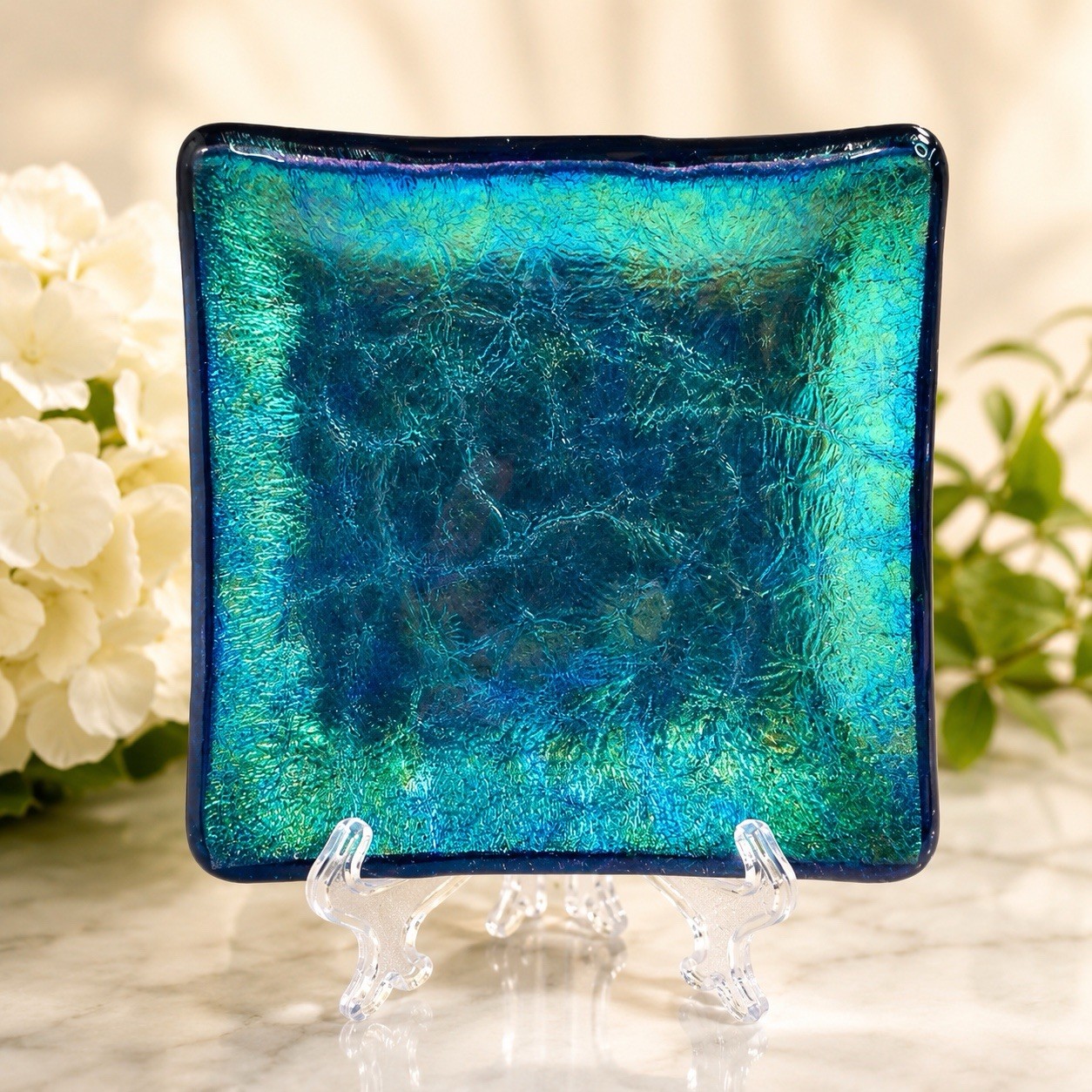 Paul Hathcoat 1992 Signed Teal Iridescent Art Glass Trinket Dish Square 4×4