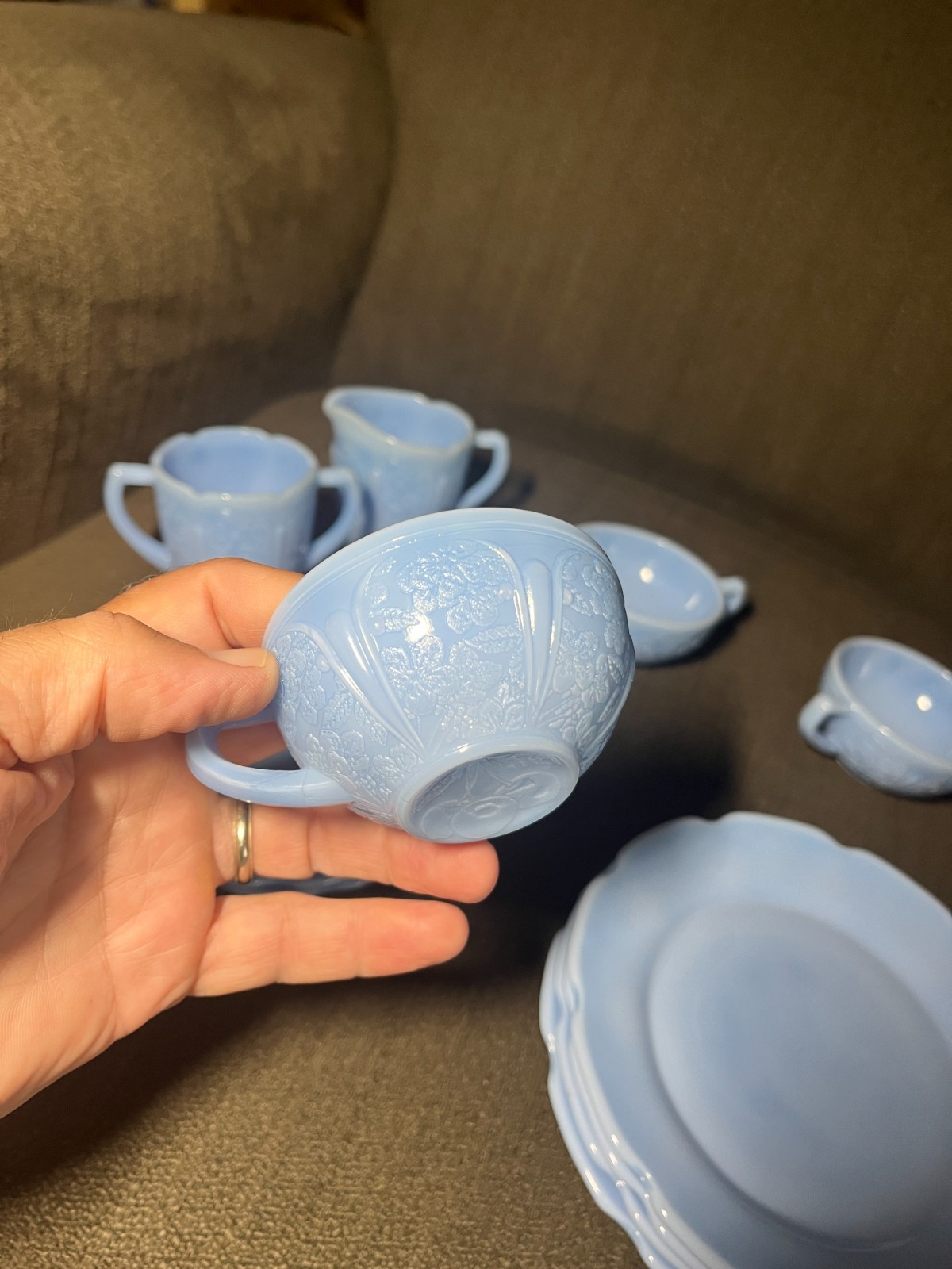 Jeannette CHERRY BLOSSOM DELPHITE BLUE 14 PC CHILD’S DINNER SET ORIGINAL BOX