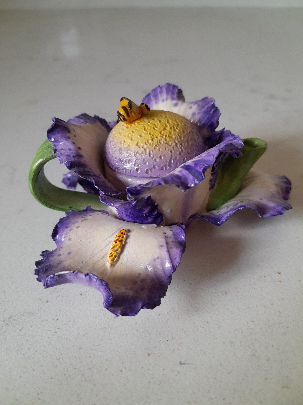Vintage Kitschy Miniature Capodimonte Style Tea Pot Purple Iris Flower And Bee
