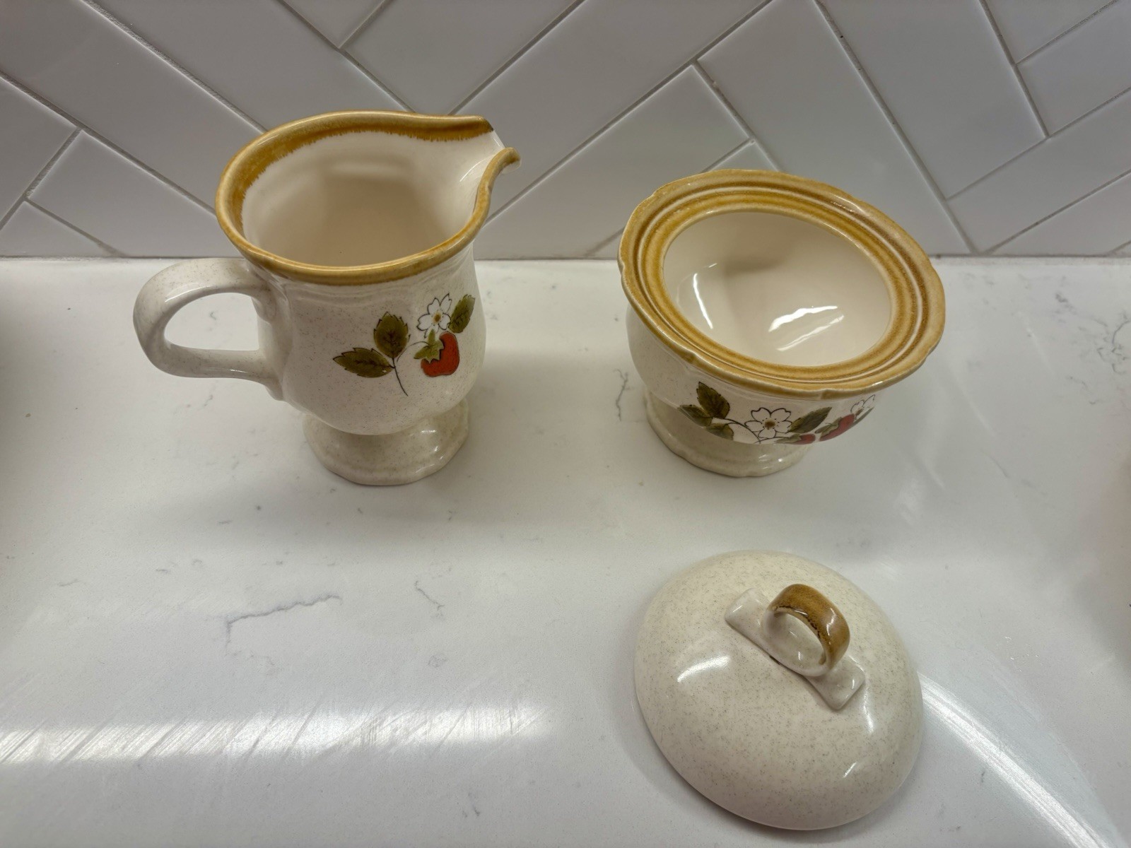 vintage “Strawberry Festival” (Pattern EB 801) creamer and lidded sugar bowl