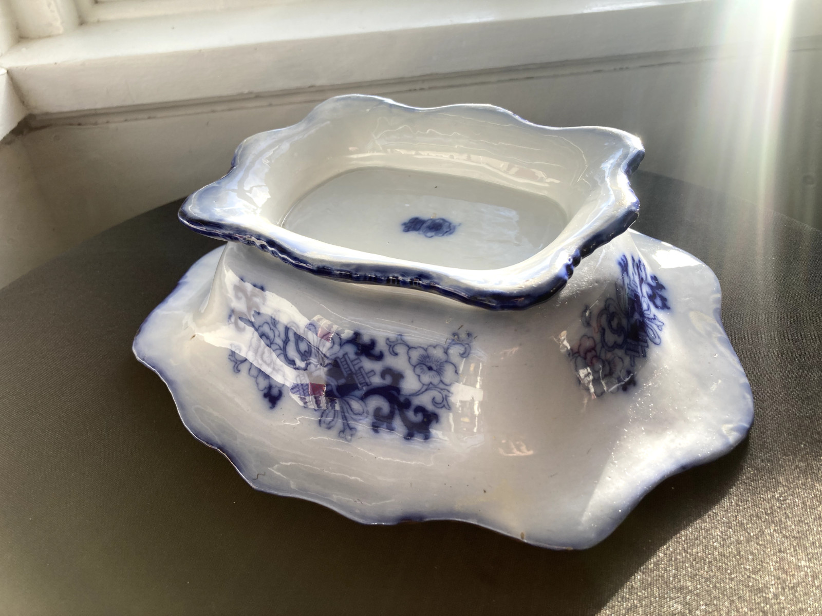 Antique Royal Doulton Flow Blue Oval Covered Vegetable Nankin Porcelain England