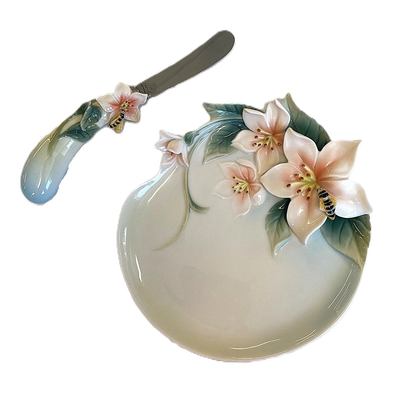 FRANZ VINTAGE BUMBLE BEE/APPLE BLOOSOM 6″ CHEESE PLATE AND KNIFE FZ00706