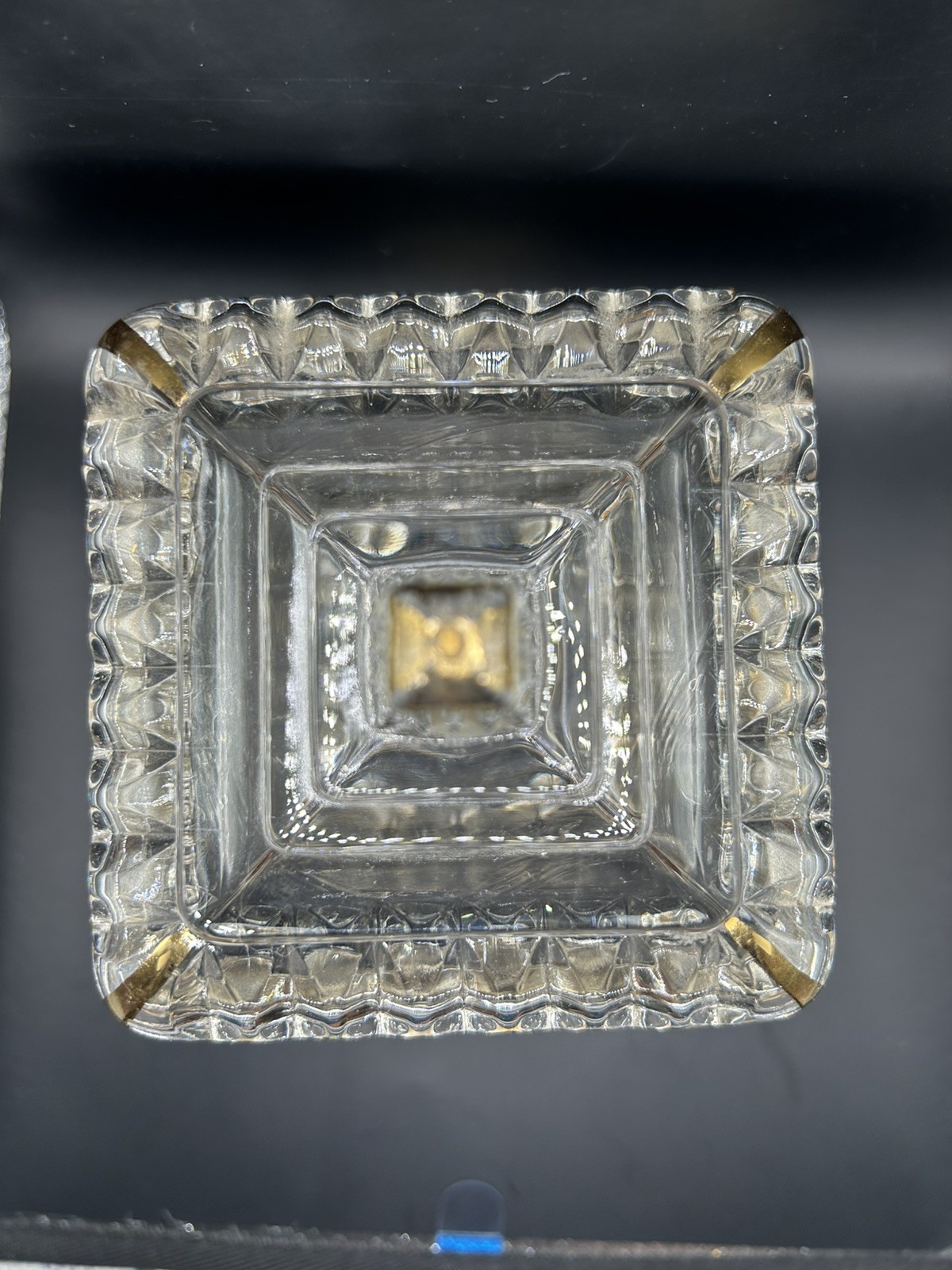 MCM 1950’s JEANNETTE Glass Wedding Box Clear W/ Gold Trim Candy Dish Pedistal 7″