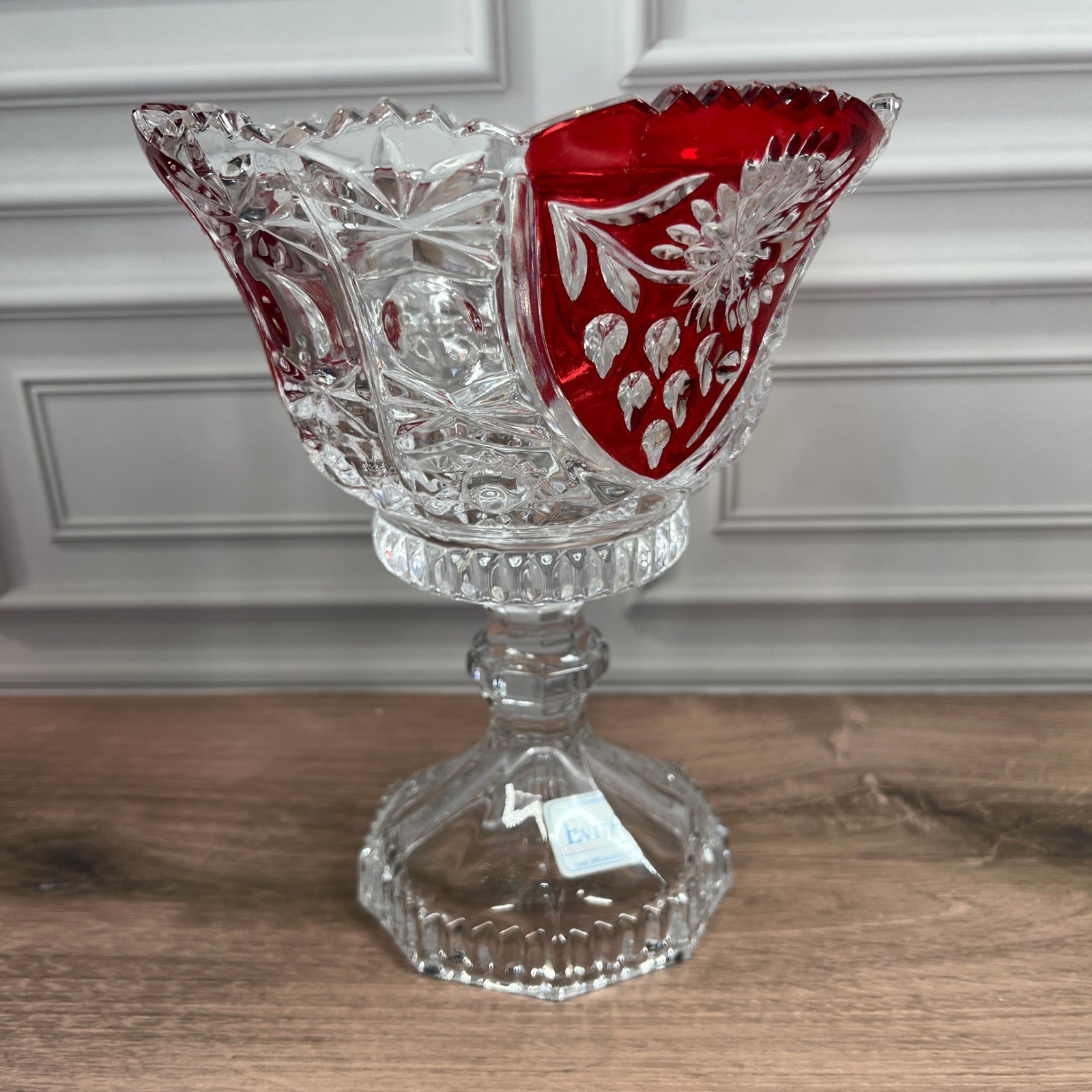 Evita Crystal 3pc Bowl Vase Set Red Clear 24% Lead Crystal Ruby Cut to Clear