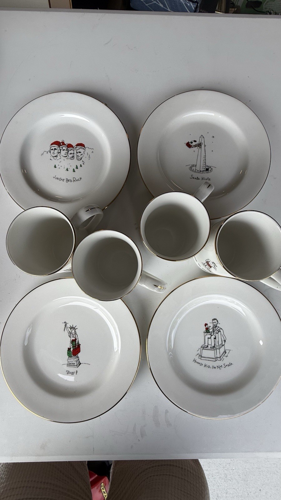 Ceramic White & Gold Humorous Christmas Dinner Set, 4 Plates & 4 Cups