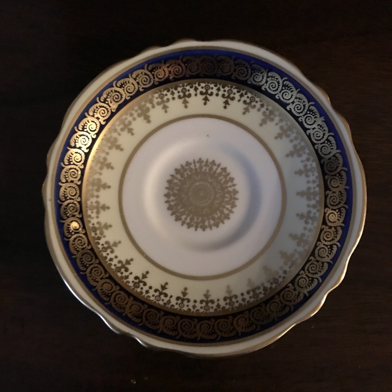 Vtg PARAGON Bone China Cup Saucer, Lt Yellow & Cobalt Blue, Gilded Lacy Filigree