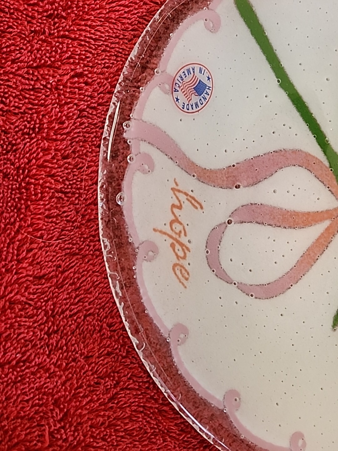 Peggy Karr 8″ Breast Cancer Hope Round Plate Fused Art glass Signed 2003