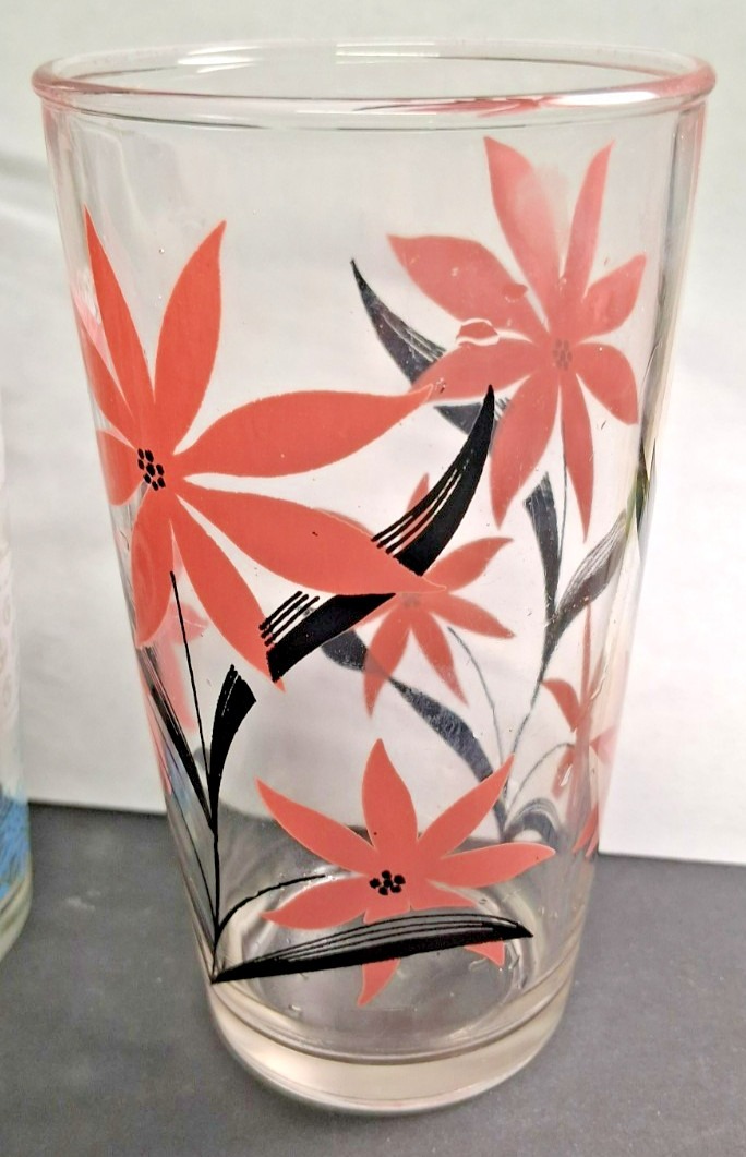 Vintage Hazel-Atlas Drink Glasses ‘Kitchen Aids’ & ‘Pink Poinsettia’ ~ 1950s