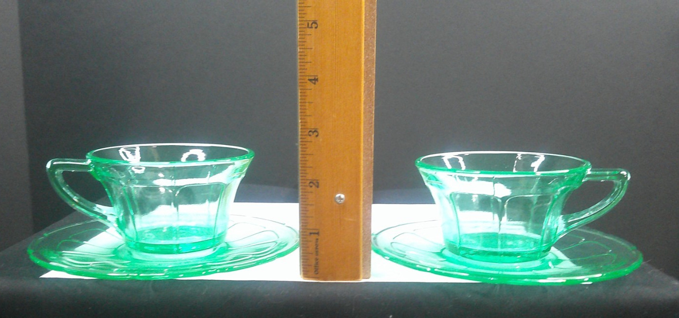 Uranium, Diamond Glass Co, Victory, Green, Cup & Saucer Sets, (2), c 1929, ExCd