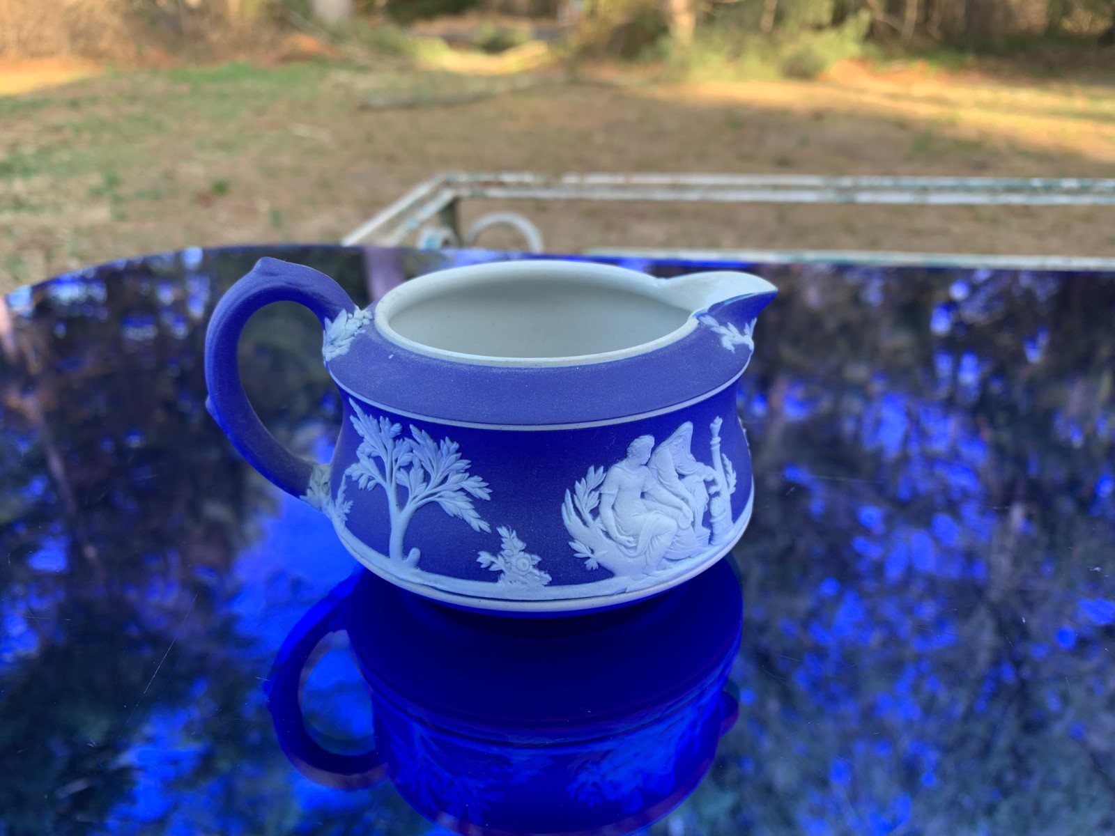 Wedgwood Jasperware Cobalt Blue Creamer 2 1/8″ Tall Made in England Circa 1900