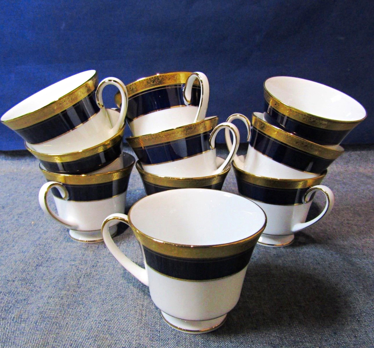 Noritake Legendary Crestwood Cobalt Gold 4171 Porcelain Cup Set of 10