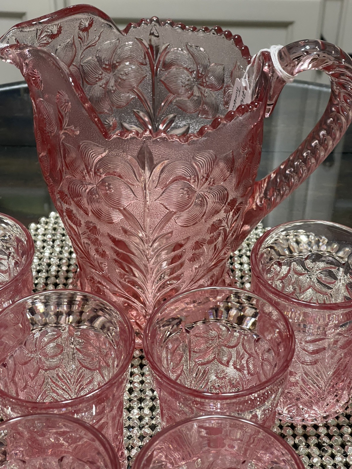 NEW! L E Smith Dogwood Pink Pitcher & Eight 4.25” Tumblers 8 oz w Original Boxes