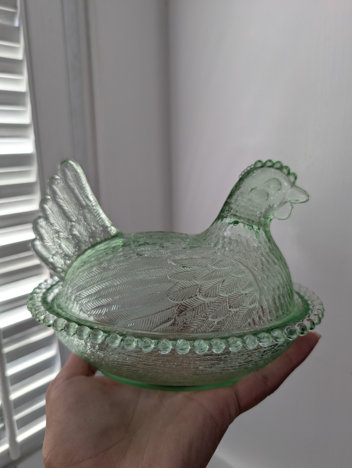 Vintage HTF Indiana Glass Pastel Light Lime Green Hen on Nest Beaded Candy Dish