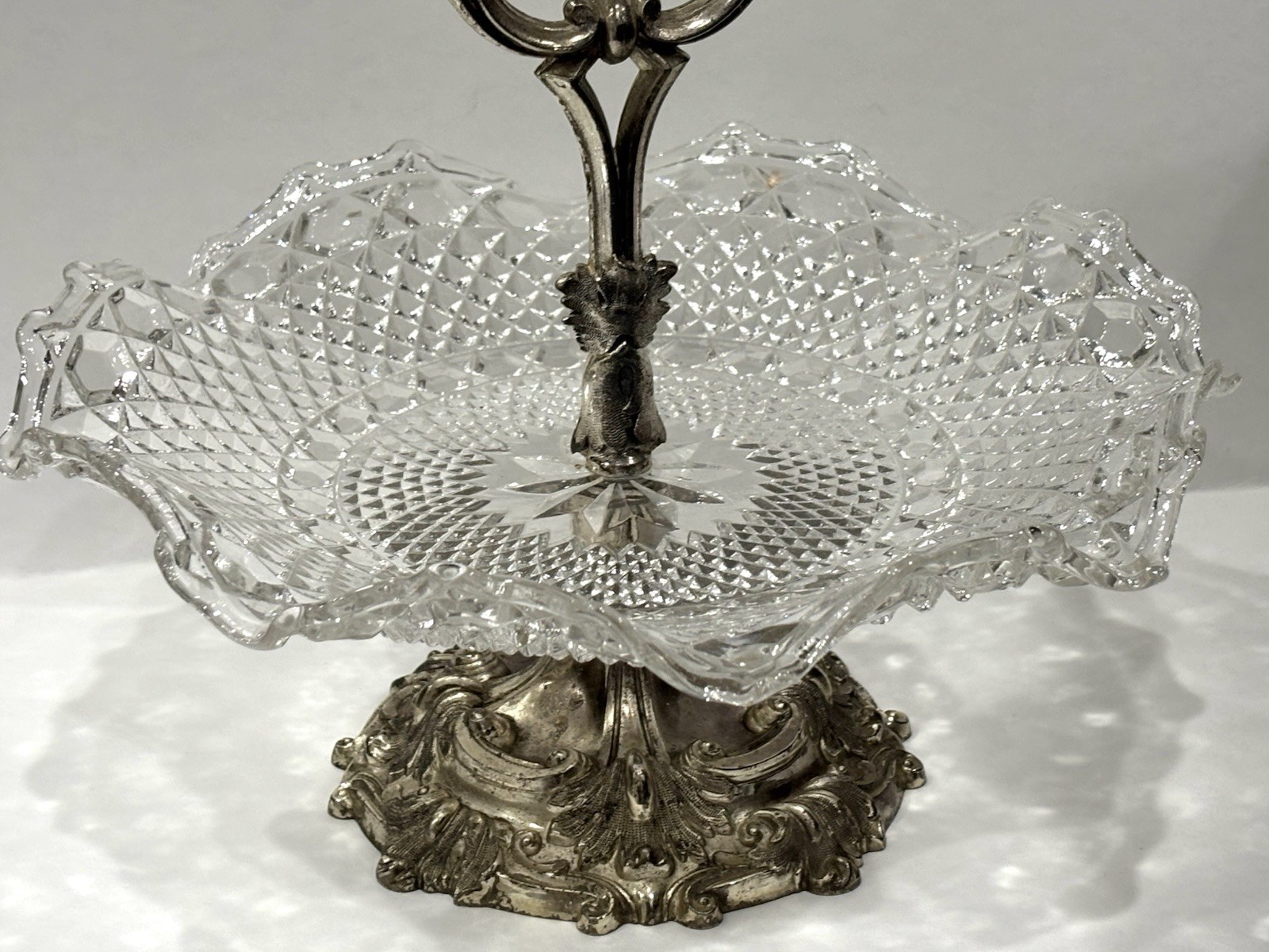 Vintage Bell Mark Silverplate Pressed Glass Pedestal Centerpiece Tidbit Dish