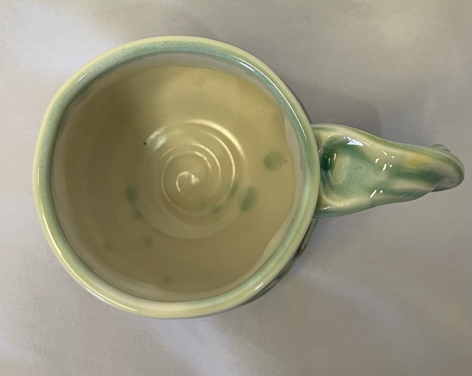Handmade Studio Art Pottery Mug Leaf Imprint Green Drip Glaze signed by artist