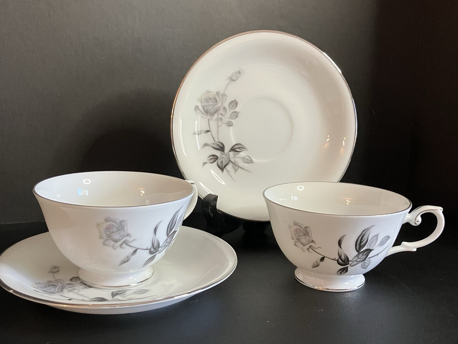 Yamaka Fine China, Nocturne Gray Rose, 2 sets of Cups & Saucers, Platinum Rim