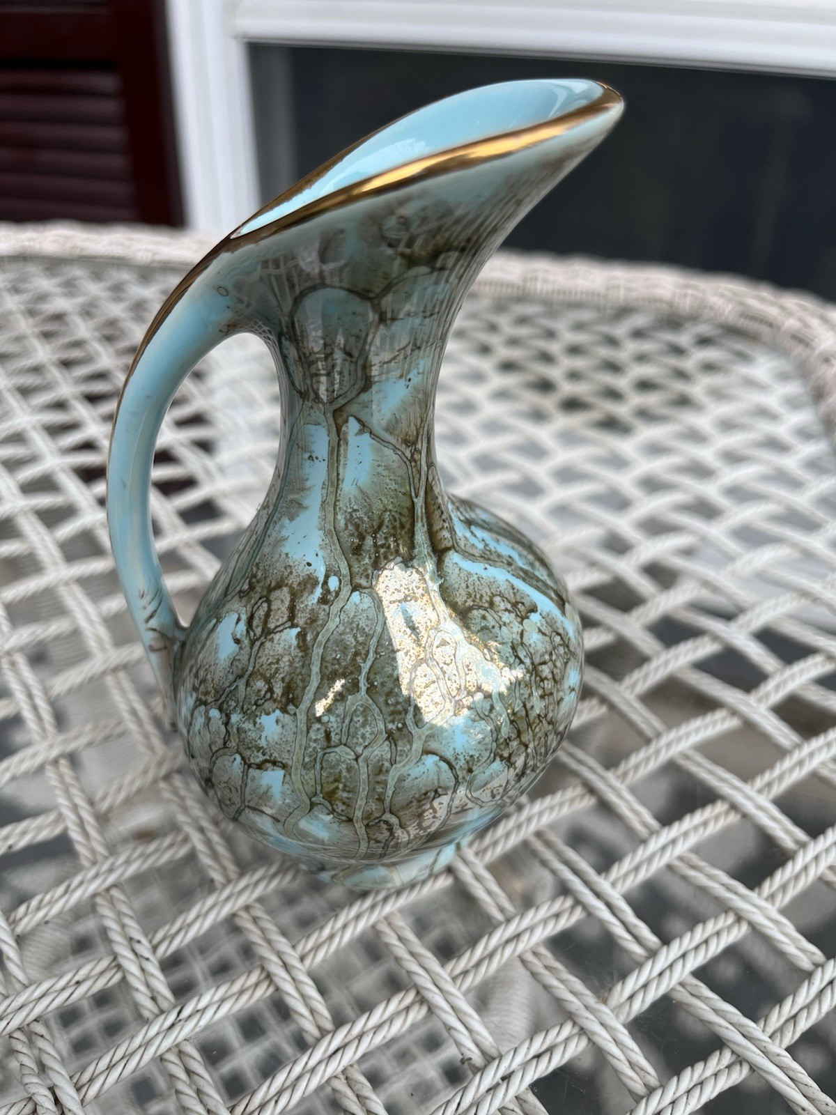 Vtg Delft Hand Painted Small Ceramic Pitcher Blue And Gold Tone Swirled 5 In