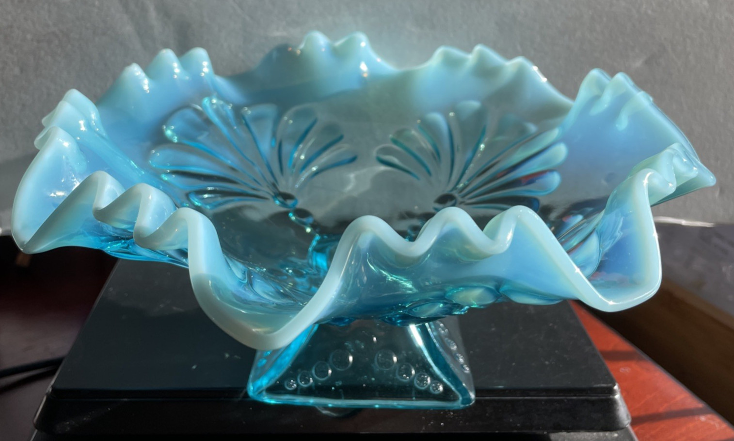 Antique JEFFERSON GLASS Shell & Dot Blue Opalescent Glass Footed Bowl c. 1905