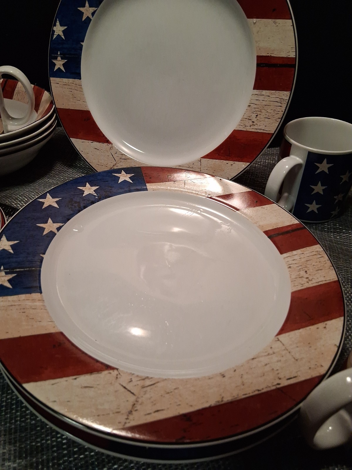 Vtg Warren Kimble Sakura Colonial 16 Pc Stoneware Set 1997 American Flag Euc