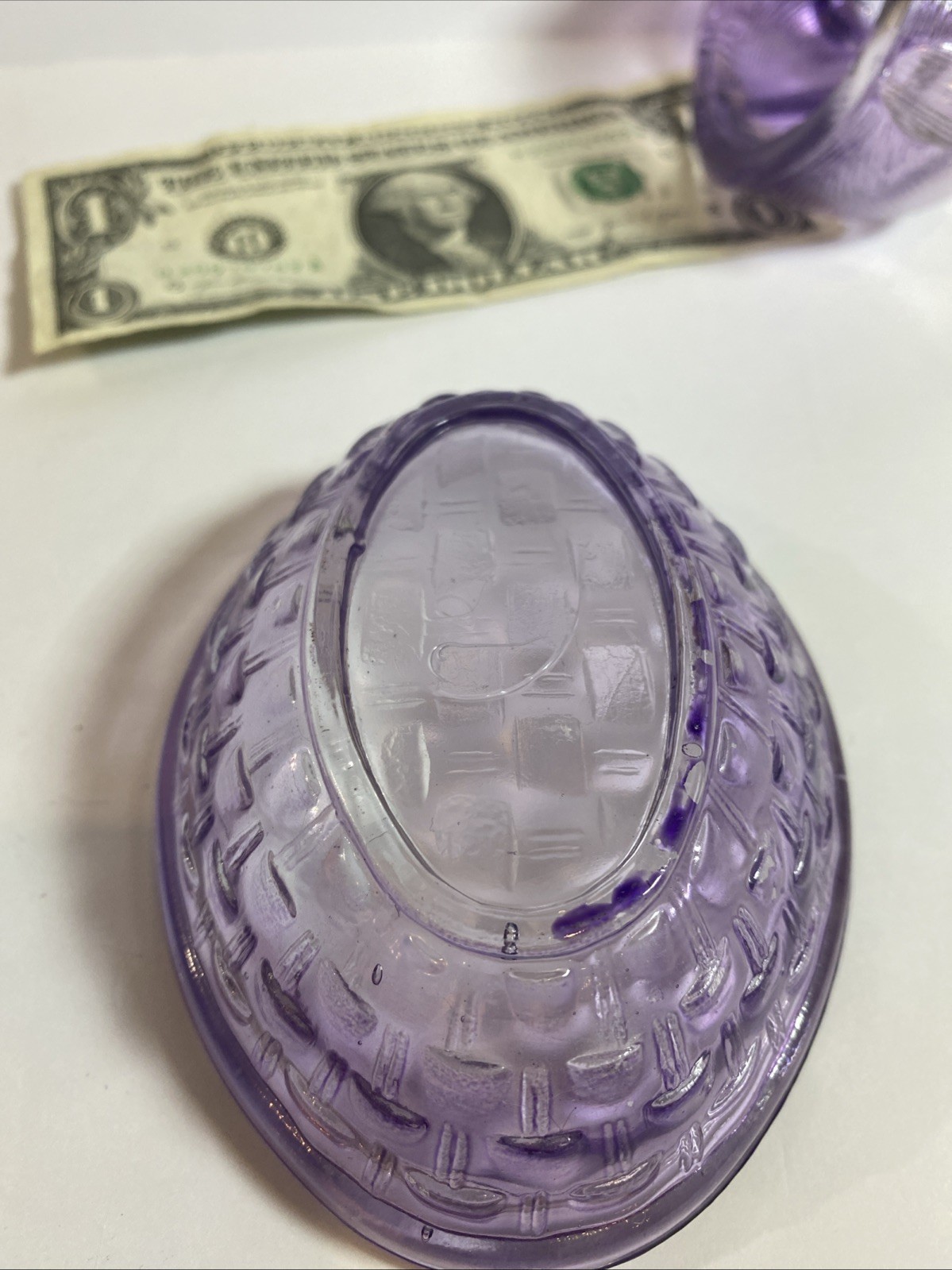 Vintage Lavender Glass Rabbit on Basket Candy Dish w/ Lid Easter Bunny 5”