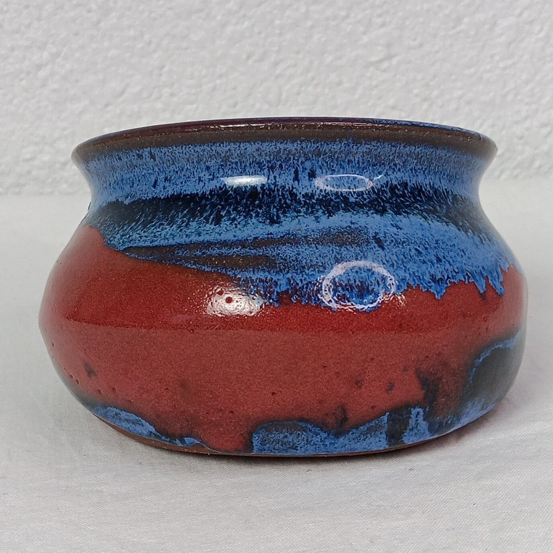 Art Pottery Studio Handcrafted Bowl Red Clay Blue Brown Glaze Slanted Angled