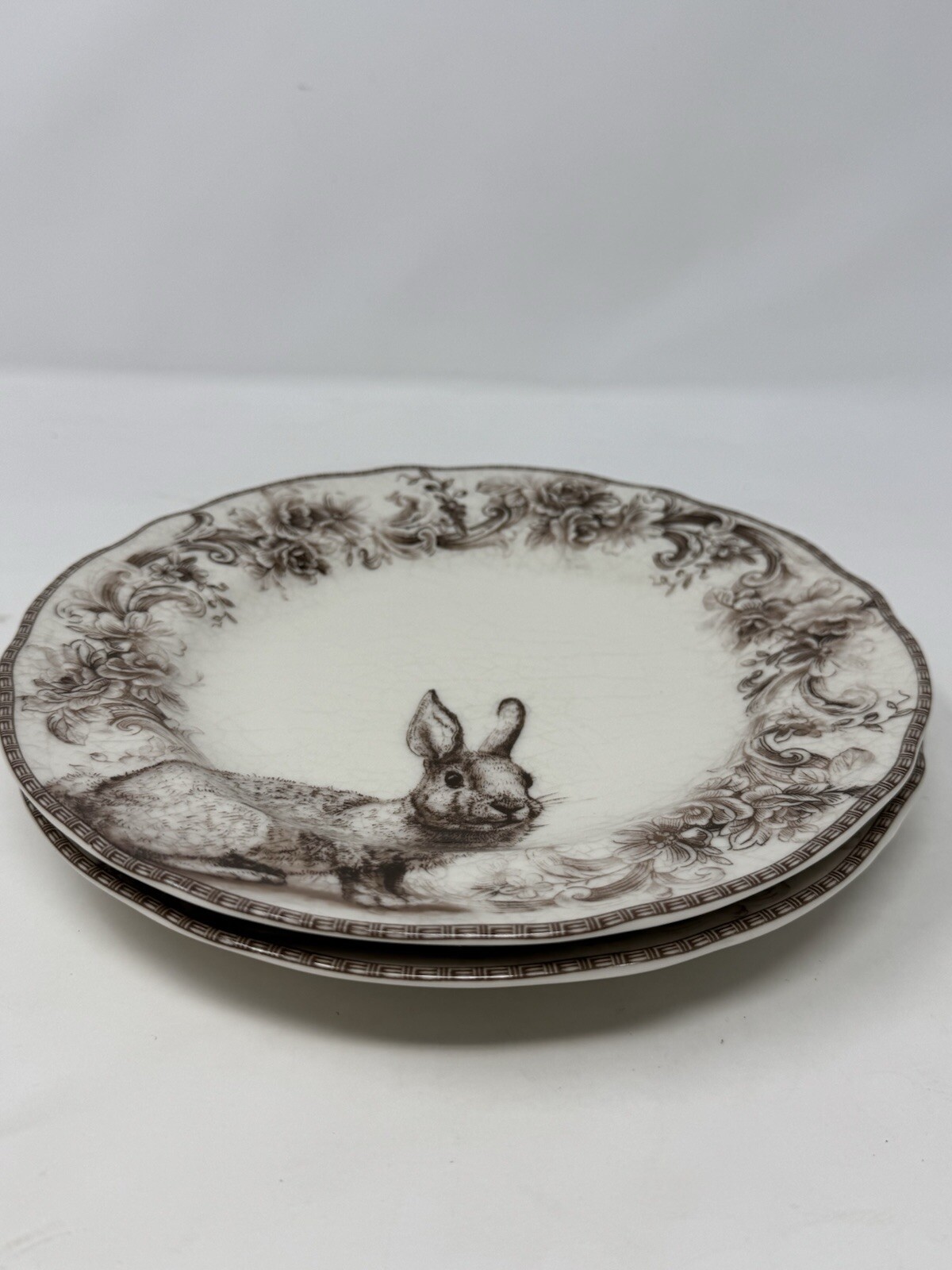 2 222 Fifth Bunny Arabella Brown & White Porcelain Salad Plates 8.5” Easter