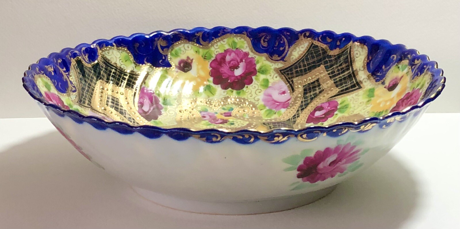 Antique Nippon Hand Painted Gold Cobalt Blue PINK & YELLOW FLOWERS Serving Bowl