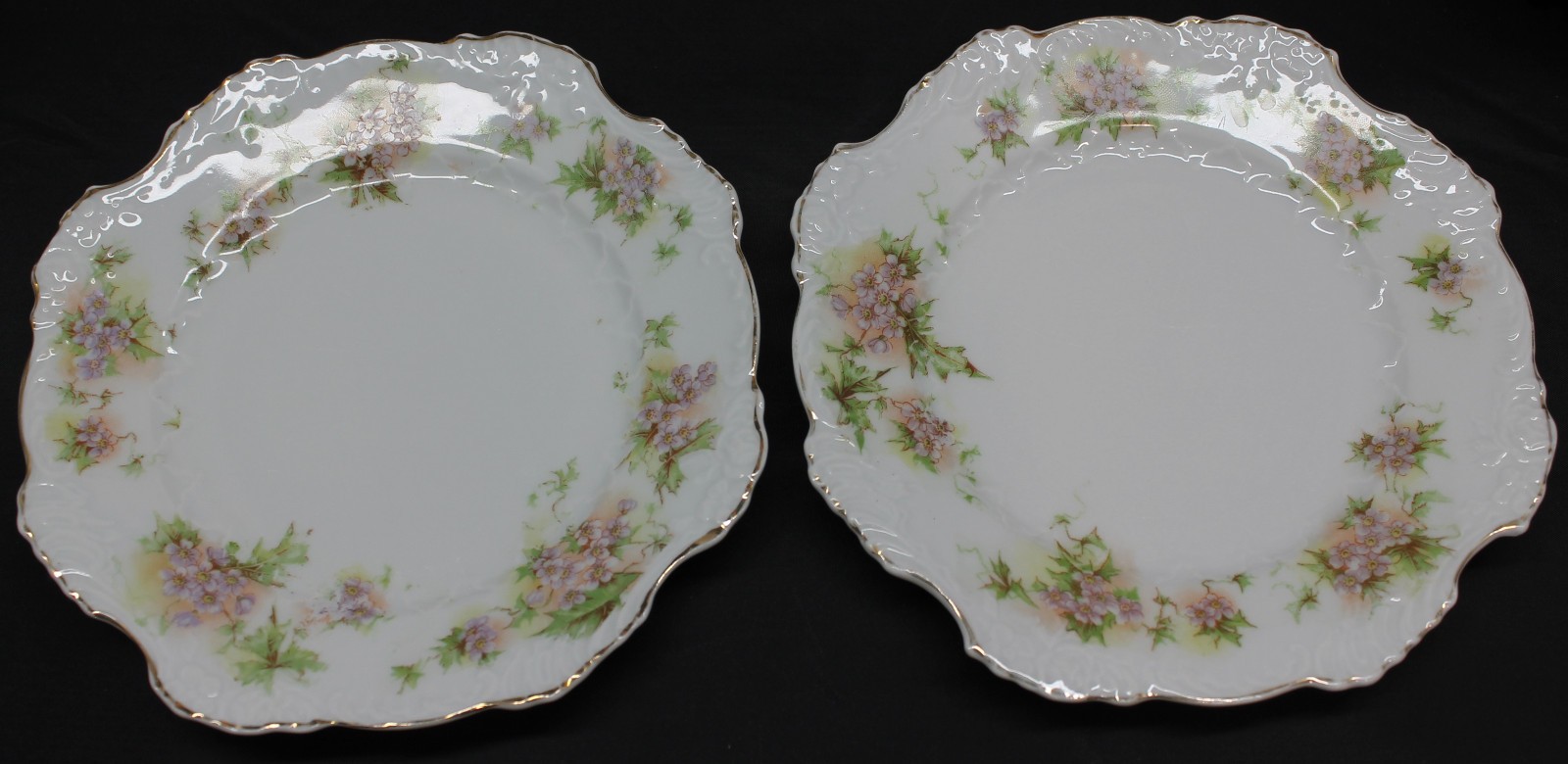 2 PORCELAIN BREAD PLATES 6″ Scalloped White Floral w/ Gold GERMANY Dessert