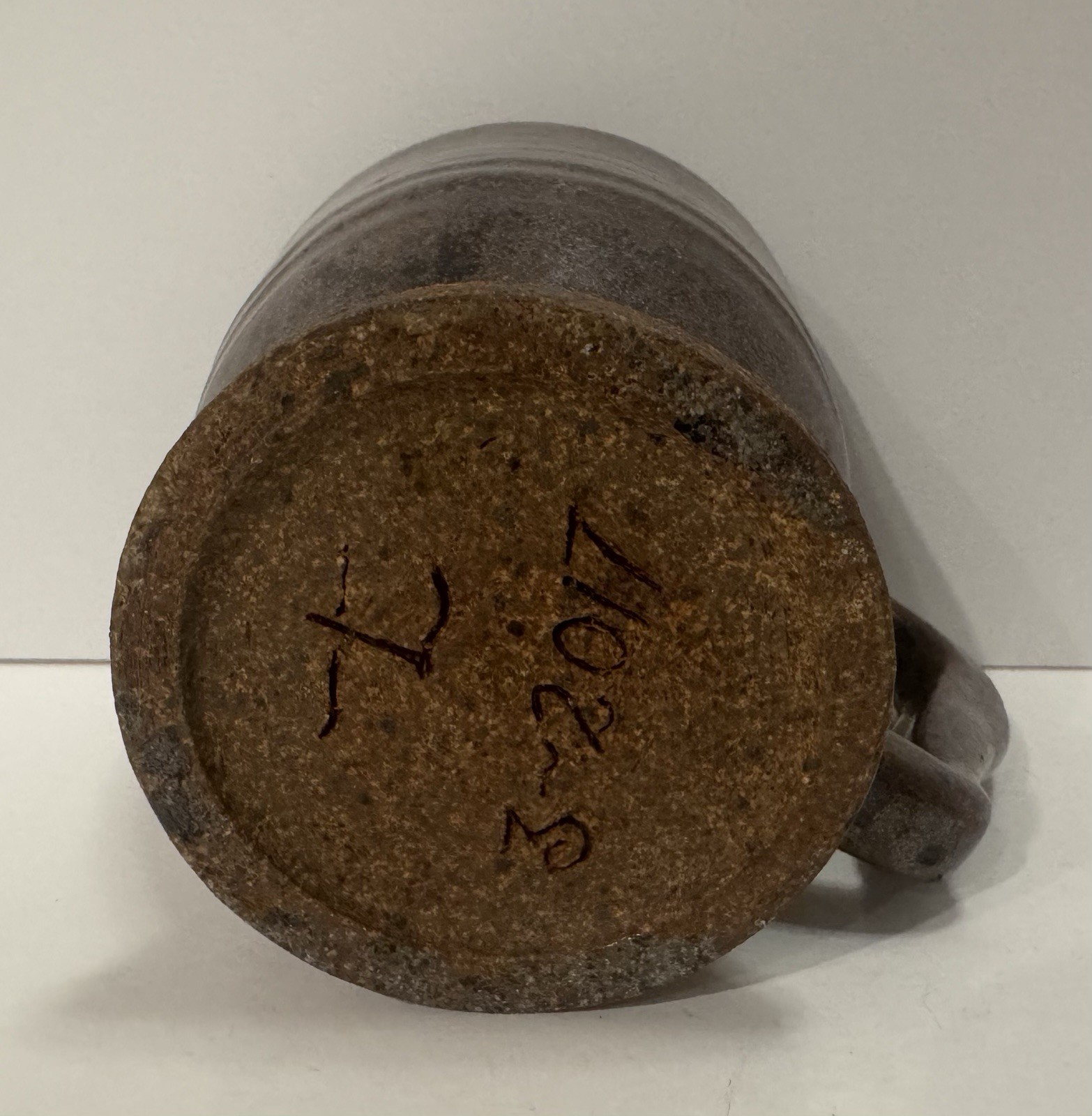 Studio Pottery Hand Thrown Stoneware Mug, Able Drip Glaze, Signed “L” 3-2017