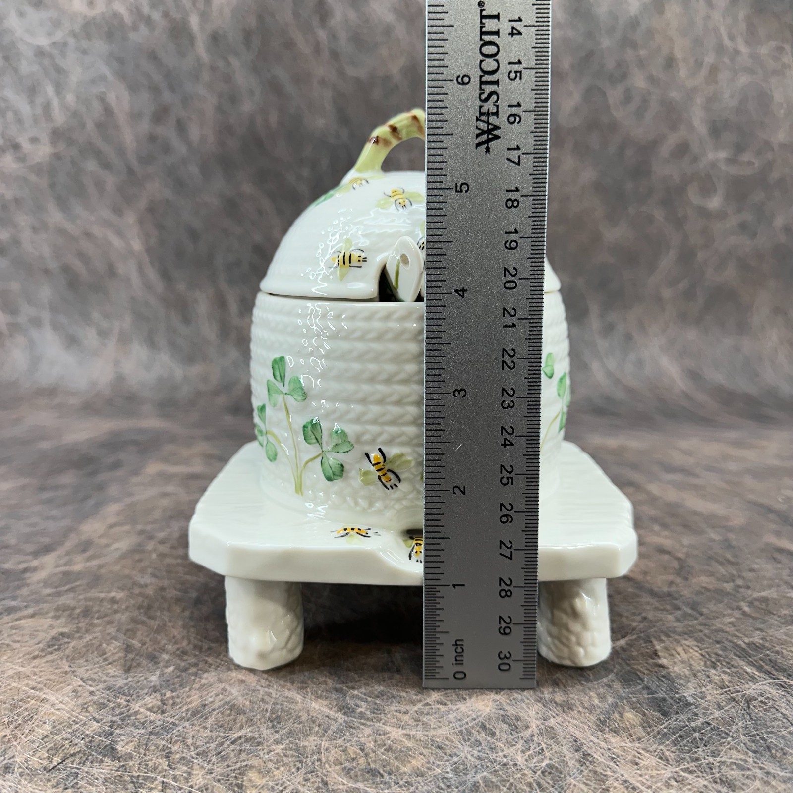 Belleek Honey Pot Jar with Spoon; Basketweave, Shamrocks, Bees