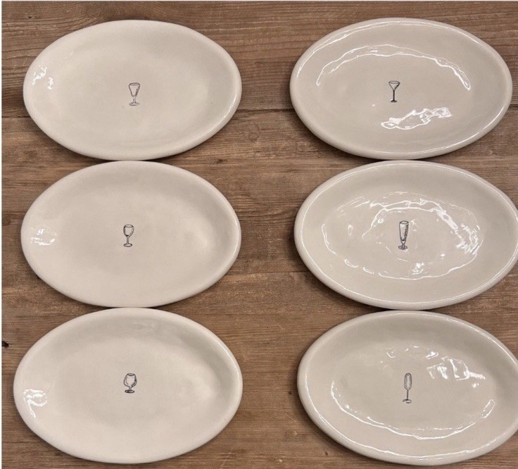 Vintage Rae Dunn Set of 6 Oval 7-3/4”Appetizer Plates w/ Cocktail Glasses RARE