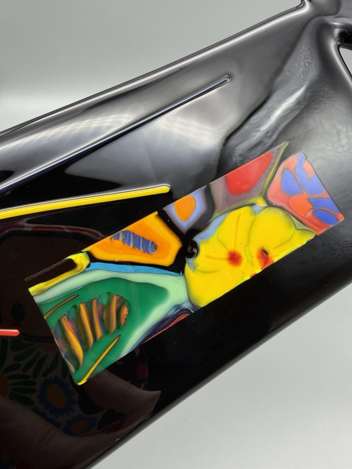 Black Art Studio Fused Glass Colorful Abstract Floral Sushi Handled Tray Signed